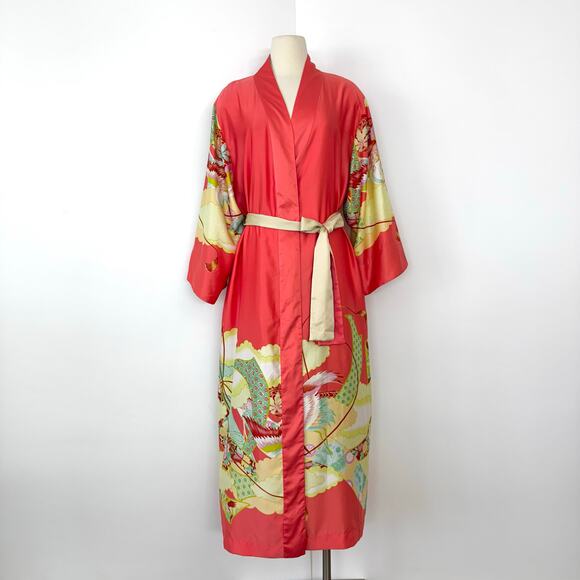 Natori Satin Belted Robe Kimono Maxi Length Coral Print XL - Picture 2 of 12